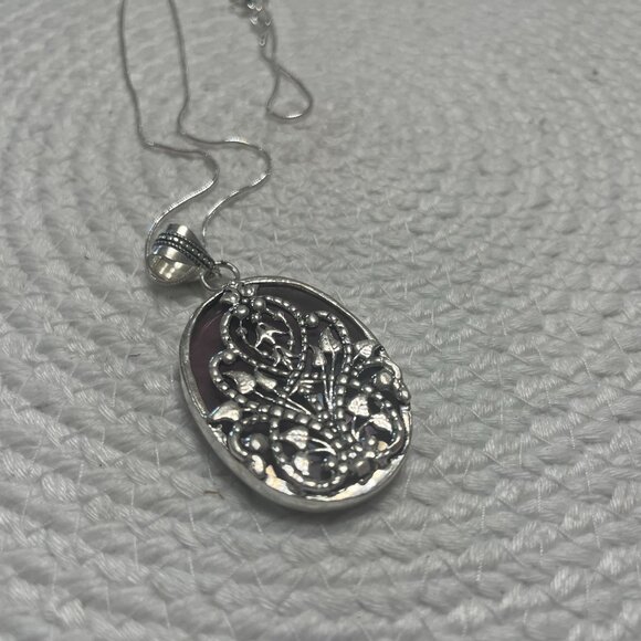 Beautiful AMETHYST with FLOWER CUT-OUT Handmade Sterling 925 Pendant/Chain #287D - Picture 3 of 3